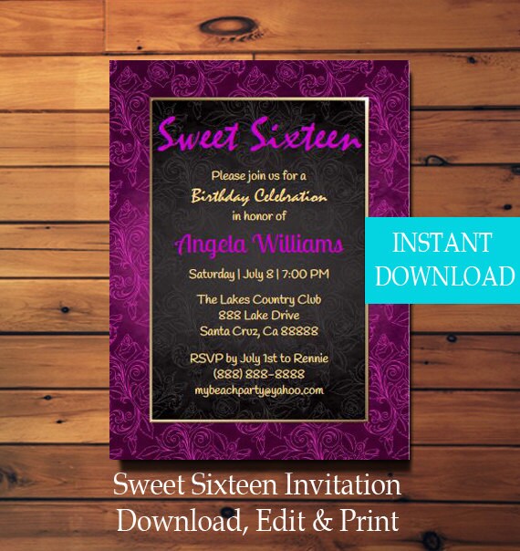 Sweet Sixteen Invitation - Sweet Sixteen Party Invitation - Printable - Instant Download - Diy - Pink Sweet Sixteen - Sweet 16 - Il_570xn