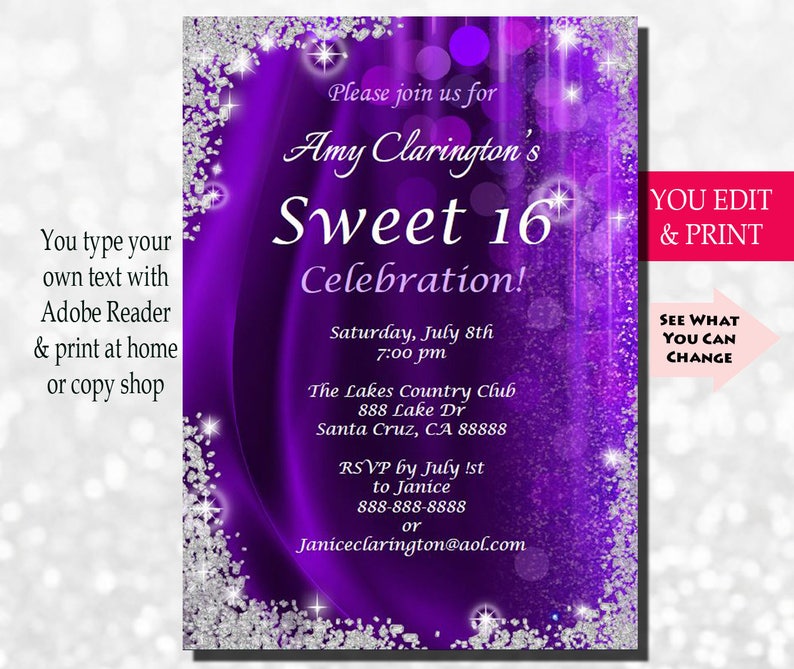 Sweet Sixteen Invitation, Sweet Sixteen Party Invitation, Sweet 16 Invitation, Sweet 16 Party Invitation, Sweet 16 Glitter, You Edit PDF image 1