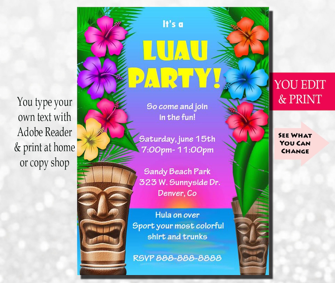 Luau Invitation, Luau Party Invitation, Luau Birthday Invitation