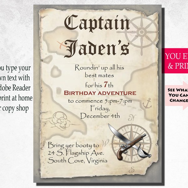 Pirate Birthday Invitation, Pirate Party Invitation, Boy Birthday Invitation, Instant Download, Editable PDF, Pirate Birthday, Pirate Party
