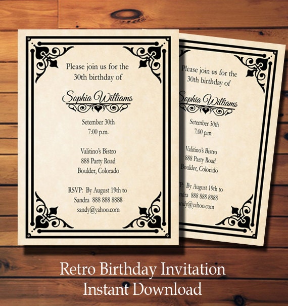 Printable Adult Birthday Invitation Template - Retro - Vintage ...