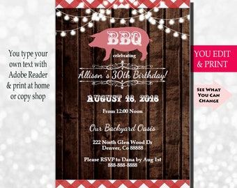 Birthday BBQ Invitation, Rustic Birthday Invitation, BBQ Party Invitation, BBQ Invitation, Barbecue Birthday Invitation, You Edit pdf