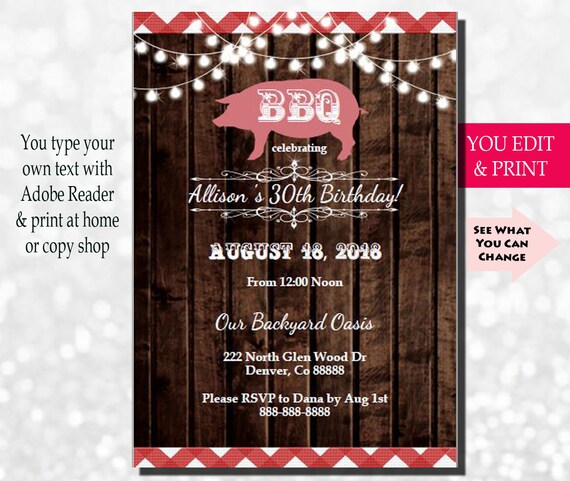 Birthday BBQ Invitation, Rustic Birthday Invitation, BBQ Party Invitation, BBQ Invitation, Barbecue Birthday Invitation, You Edit pdf Il_570xn