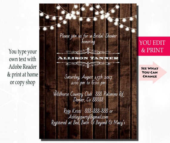 Bridal Shower Invitation, Rustic Bridal Shower Invitation, Fairy Lights Bridal Shower Invitation, Instant Download, You Edit PDF Il_570xn