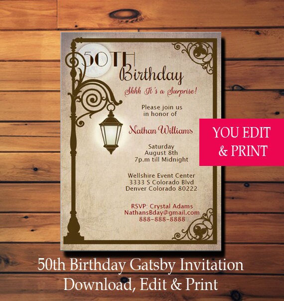 50th Surprise Birthday Invitation, 50th Birthday Invitation, Gatsby Invitation, Men's Birthday Invitation, Surprise Birthday, Edit Yourself Il_570xn