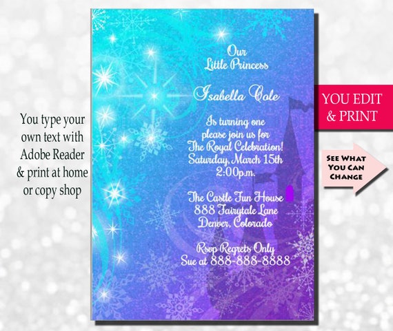 Frozen Invitation, Glitter Snowflake Invitation, Princess Birthday Party Invitation, Frozen Birthday Party Invite, You Edit PDF Il_570xn