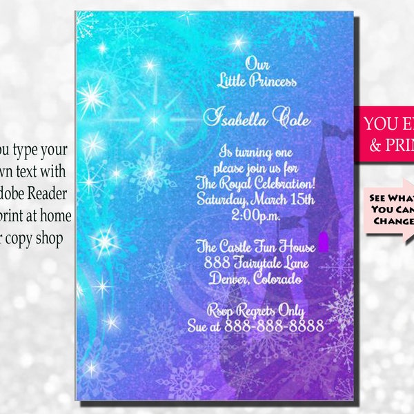 Frozen Invitation, Glitter Snowflake Invitation, Princess Birthday Party Invitation, Frozen Birthday Party Invite, You Edit PDF