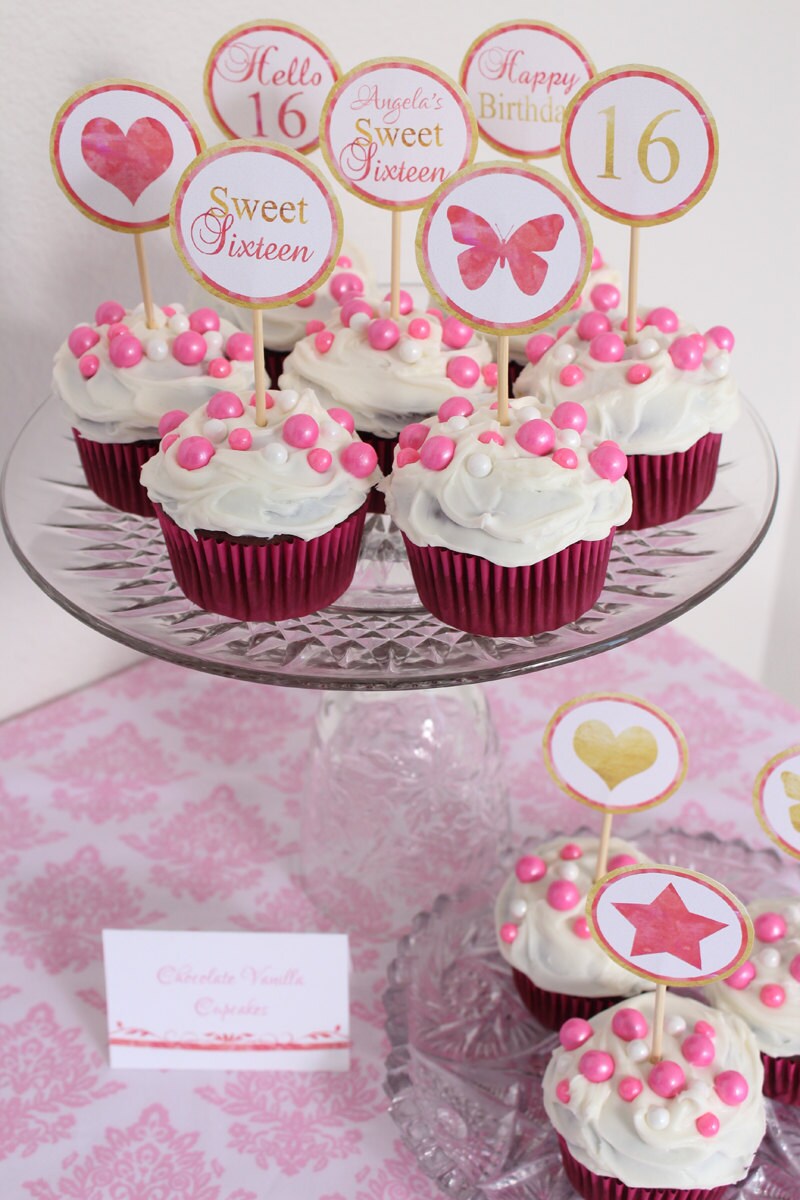 sweet-16-cupcake-toppers-watercolor-floral-sweet-sixteen-cupcake