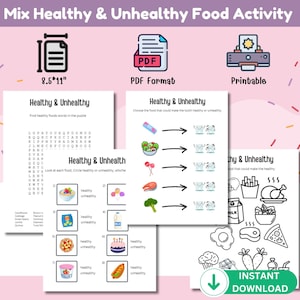 Mix Healthy & Unhealthy Food Activity Worksheet, Busy Book Pages, Toddler, Preschool, Kindergarten, Worksheets for Kids, Preschool