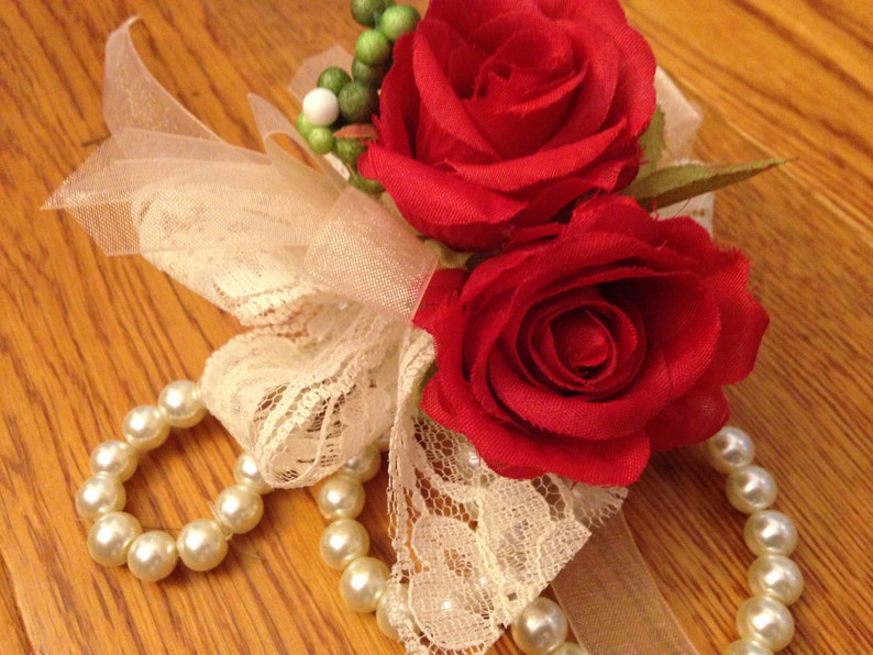Red Rose and Lace Wrist Corsage Prom Wedding Bridesmaid