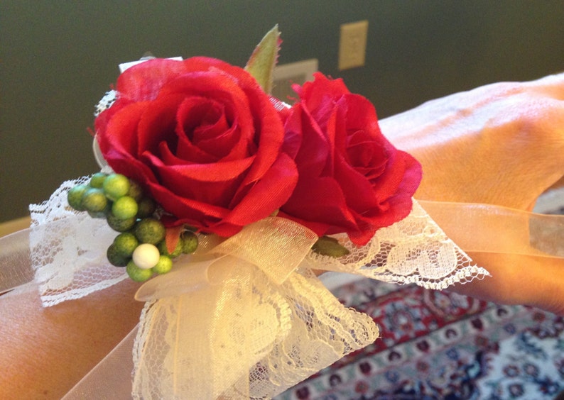 Red Rose and Lace Wrist Corsage Prom Wedding Bridesmaid