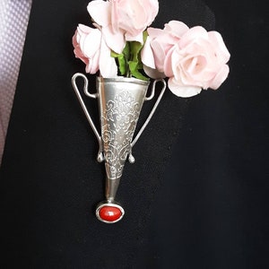 Coral Brooch Lapel Pin Vase Boutonniere Handmade in Poirot Style