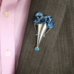 Vase Brooch Lapel Pin Handmade in Poirot Style in Sterling Silver