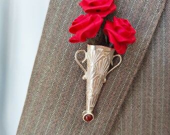 Carnelian Gemstone lapel pin tussie mussie boutonniere brooch handmade in Poirot style from sterling silver