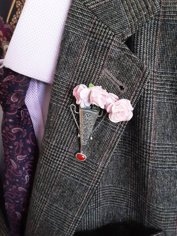 Coral Brooch Lapel Pin Vase Boutonniere Handmade in Poirot Style