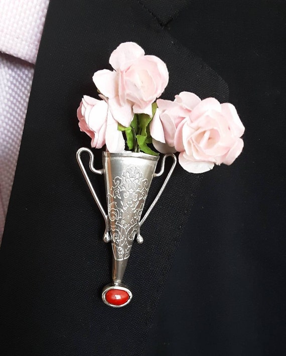 Coral Brooch Lapel Pin Vase Boutonniere Handmade in Poirot Style
