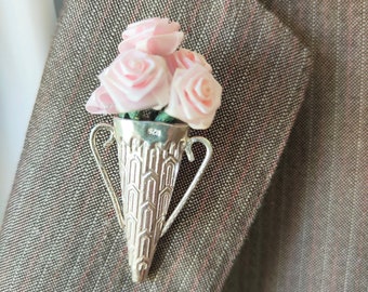 Art Deco Lapel pin boutonniere brooch handmade with sterling silver in Poirot style jewelry