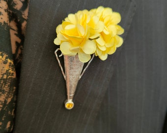 Golden yellow cubic zirconia brooch lapel pin vase boutonniere with  handmade in Poirot style from sterling silver