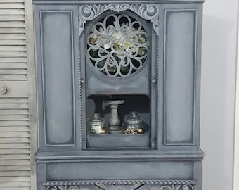 SOLD!!! Re-Purposed Antique Radio Cabinet, Display Cabinet, China Cabinet Hand Painted and Distressed in Layers of Gray