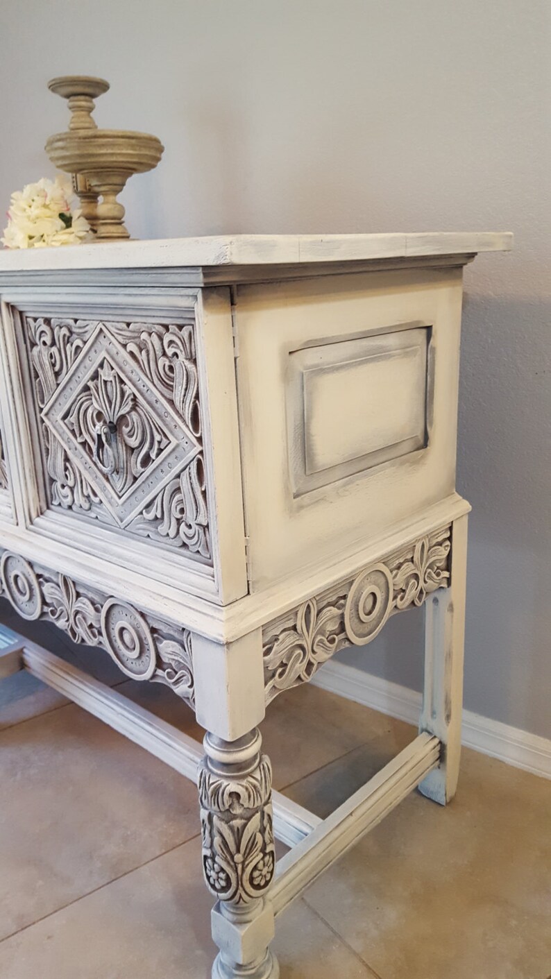 distressed sideboards and buffets on Furniture Shabby Chic Server Sold Rare Ornate Antique Buffet Sideboard Hand Painted And Distressed In Layers Of White Over Gray Home Living