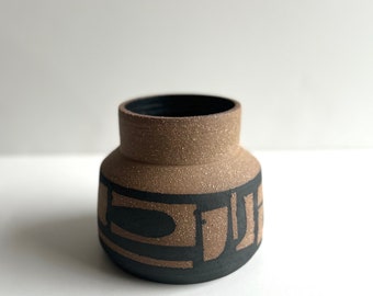 COLLAGE CERAMIC VASE- handmade design on brown stoneware