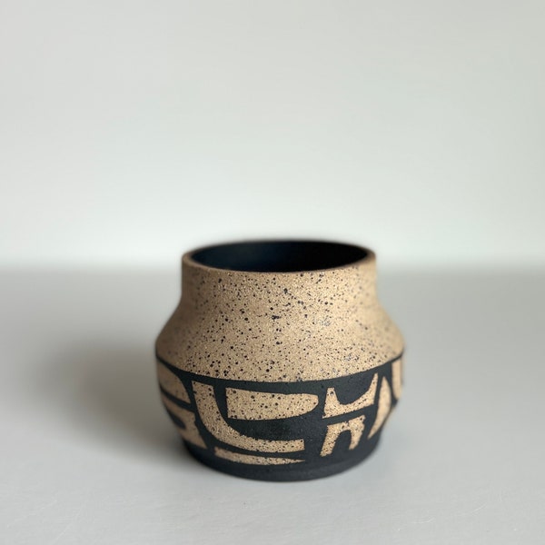 COLLAGE CERAMIC VASE- handmade design on speckled stoneware