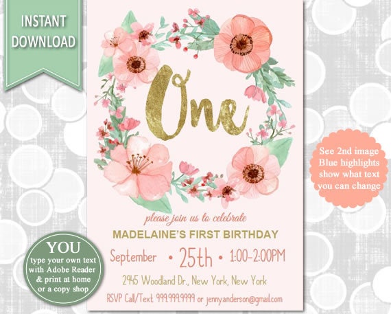 First Birthday Invitation, 1st Birthday Watercolor Flowers Invitation,Flower Birthday, Pink and Gold, Girls Birthday,INSTANT DOWNLOAD Il_570xn