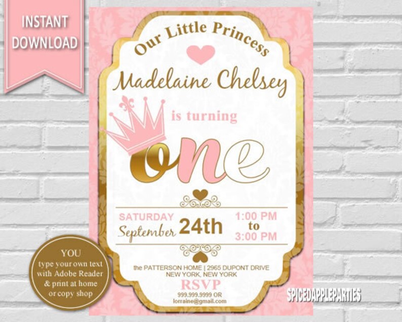 Princess Birthday Invitation First Birthday Princess Etsy