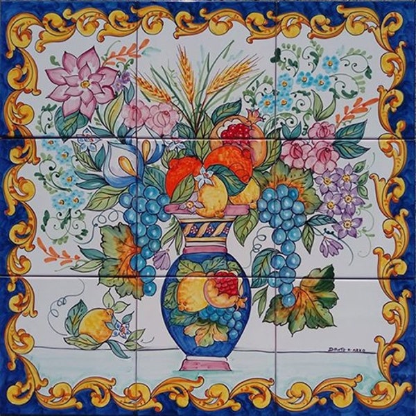 Vaso di fiori Decorazione di frutta e piastrelle di fiori, Idea di alzatina della cucina, Pittura Arte colorazione Decorazioni per la casa