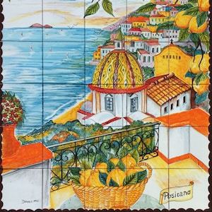 Küste von Positano Italien Wanddekorfliesen, glasierte Fliesen für Backsplash, handgemalte Kunstfliesen, Innen- und Außenwandbild.
