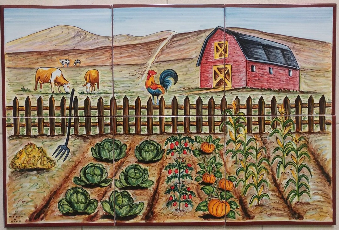 Kitchen Tile Mural Vegetable Garden, Farm Scene, Rooster Tile Murals