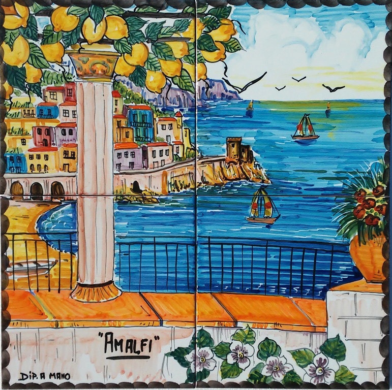 Murale in Piastrelle Della Costiera Amalfitana Dipinto A Mano, Decorazione Costiera