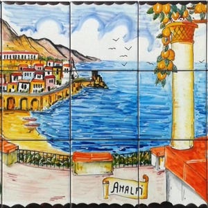 Hand Painted Tile Mosaic - Amalfi Coast - Italy - Painting Art Original - Patio Decor - Bathroom Decor - Wall Decor - Kitchen Backsplash