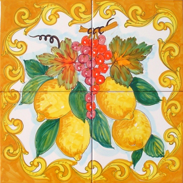 Hand Painted Tile Mural - Grape and Lemons - Baroque Style - Kitchen Tiles - Wall Tiles - Backsplash Mural - Kitchen Design