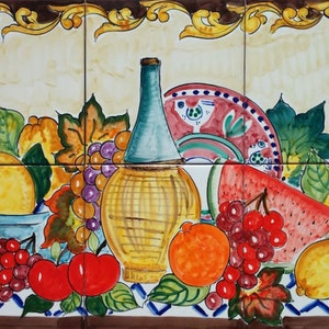 Hand Painted Italian Ceramic Tiles - Baroque Life Fruit and Wine  - Home Decoration - Backsplash Tiles - Kitchen Decor - Decorative Tiles