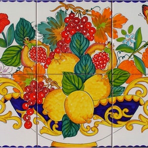 Hand Painted Ceramic Tiles - Fruit Bowl - Orange Fruit - Lemon Art - Italian Decor - Italian Painting - Art on Tiles - Wall Art