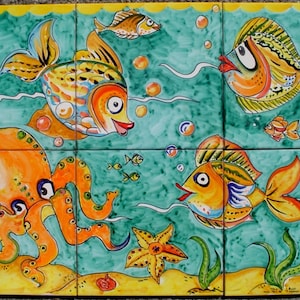 Hand Painted Ceramic Tiles - Octopus Decor -  Bathroom Ceramic Wall Mural - Art Tiles - Mosaic Tile Art - Tile Wall Art - Decorative Tiles
