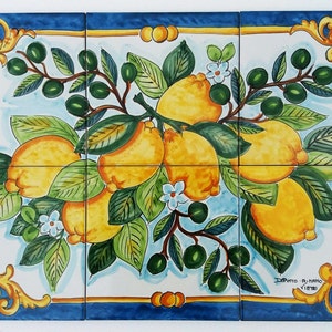 Hand Painted Tile Mural - Lemon Branch - Olive Branch - Table Top Decor - Kitchen Tiles - Home Decorating - Green and Yellow - Ceramic Lemon