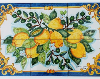 Carrelage mural peint à la main - Branche de citron - Branche d'olivier - Décor de table - Carreaux de cuisine - Décoration d'intérieur - Vert et jaune - Citron en céramique