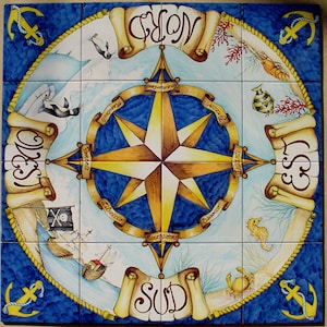 Handbemalte Kompassrose, Segelboot Malerei, Kompassrose, Windrose, Nautische Dekoration, Wandbild, Fliesen, Nord Süd Ost West