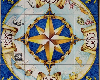 Handpainted Compass Rose Tile Mural, Nautical Decor