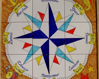Hand Painted Tiles Compass Rose, Nautical Backsplash Murals, Compass Rose Artwork, Nautical Decor Home, Tabletop Tilesets, Table Top Decor