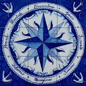 Hand Painted Nautical Home Decor, Tile Mural, Compass Rose, Nautical Decor, Wall Mural, Tile Floor Medallion, North, South, East, West