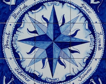 Hand Painted Nautical Home Decor, Tile Mural, Compass Rose, Nautical Decor, Wall Mural, Tile Floor Medallion, North, South, East, West