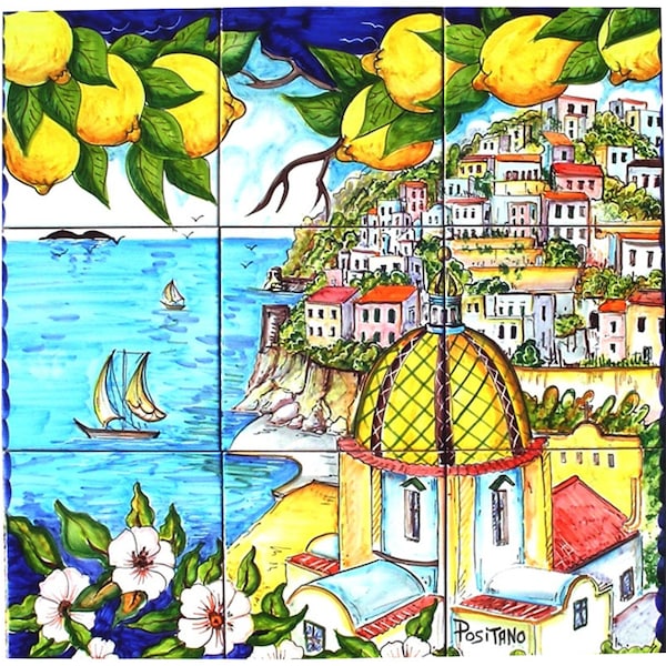 Keramik Wandbilder für Küchen Backsplash - Küste von Positano Italien - Handgemalte Kunstfliese - Badezimmerfliesen-Wandkunst - Wandfliesen