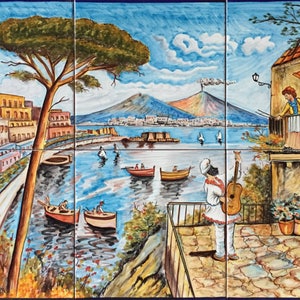 Backsplash Tile Mural, Antique View of Naples '800 '900, Gulf of Naples, Pulcinella Lovable Mascot, Mount Vesuvius, Architectural Tiles