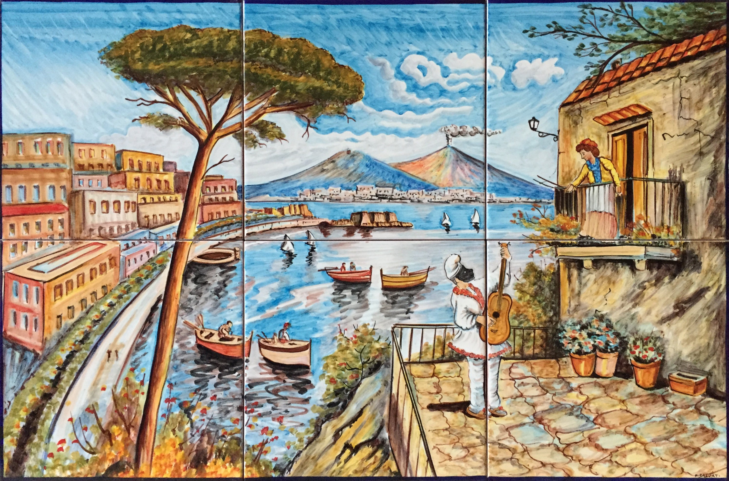 Backsplash Tile Mural, Antique View of Naples '800 '900, Gulf of Naples, Pulcinella Lovable Mascot, Mount Vesuvius, Architectural Tiles