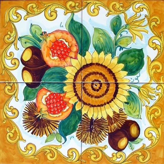 Hand Painted Ceramic Tile Mural Tuscan Sunflower Italian Etsy