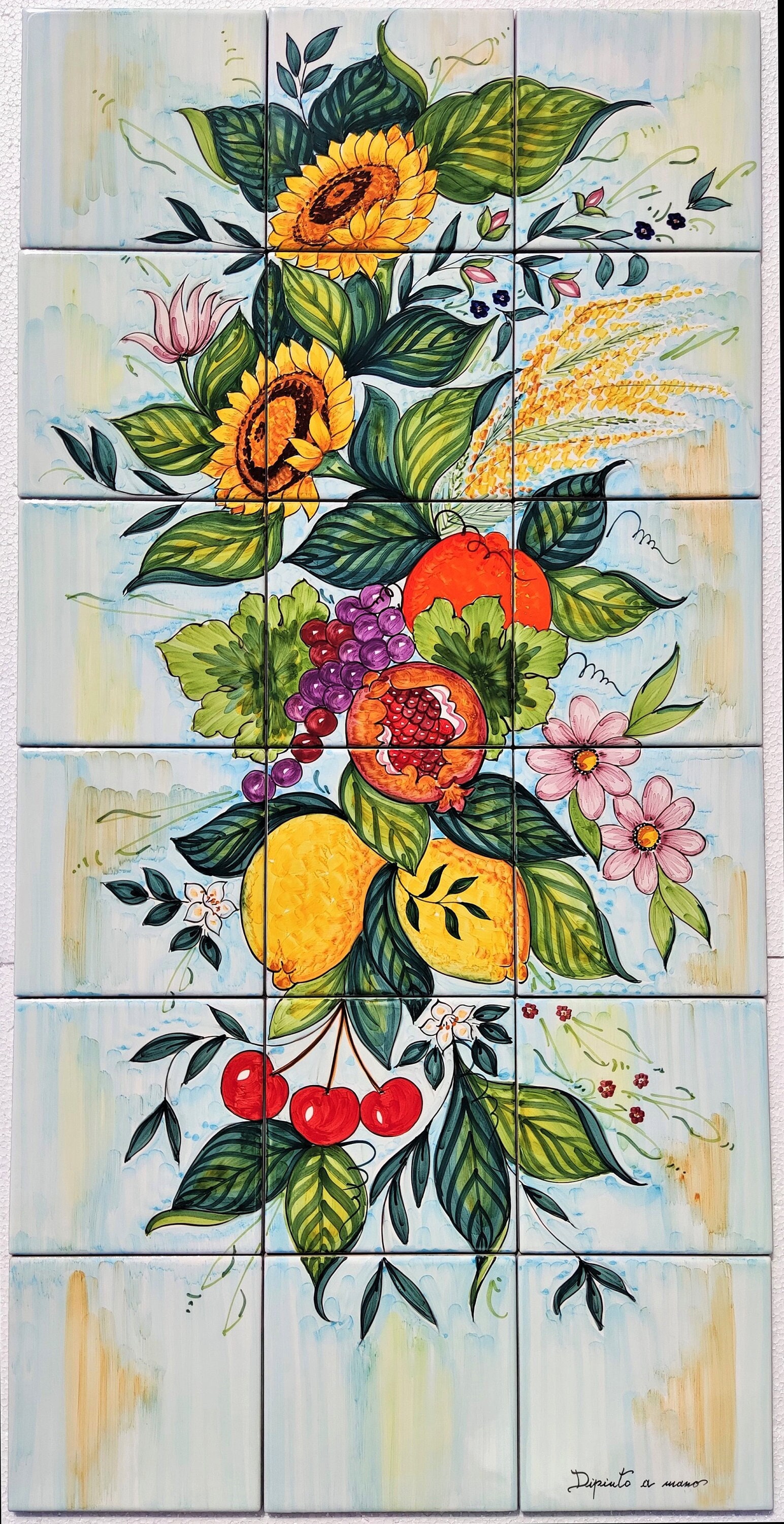 Fruit & Flower Tile Murals, Vertical Format, Lemon Branch, Orange, Cherry, Pomegranate, Sunflower, Grape, Home Decoration