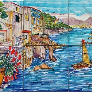 Mural de azulejo cerâmico pintado à mão, o grande penhasco de Marechiaro Nápoles, Itália pintura, pescadores Borgo, decoração napolitana, arte em azulejo cerâmico